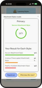 Attachment Styles results in the Sparks app, showing a secure attachment score