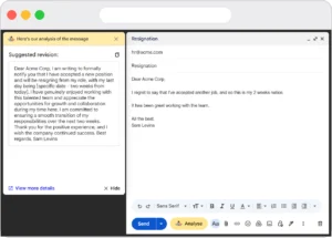 Sparks Communication Coach suggesting a reply to a resignation email in the browser