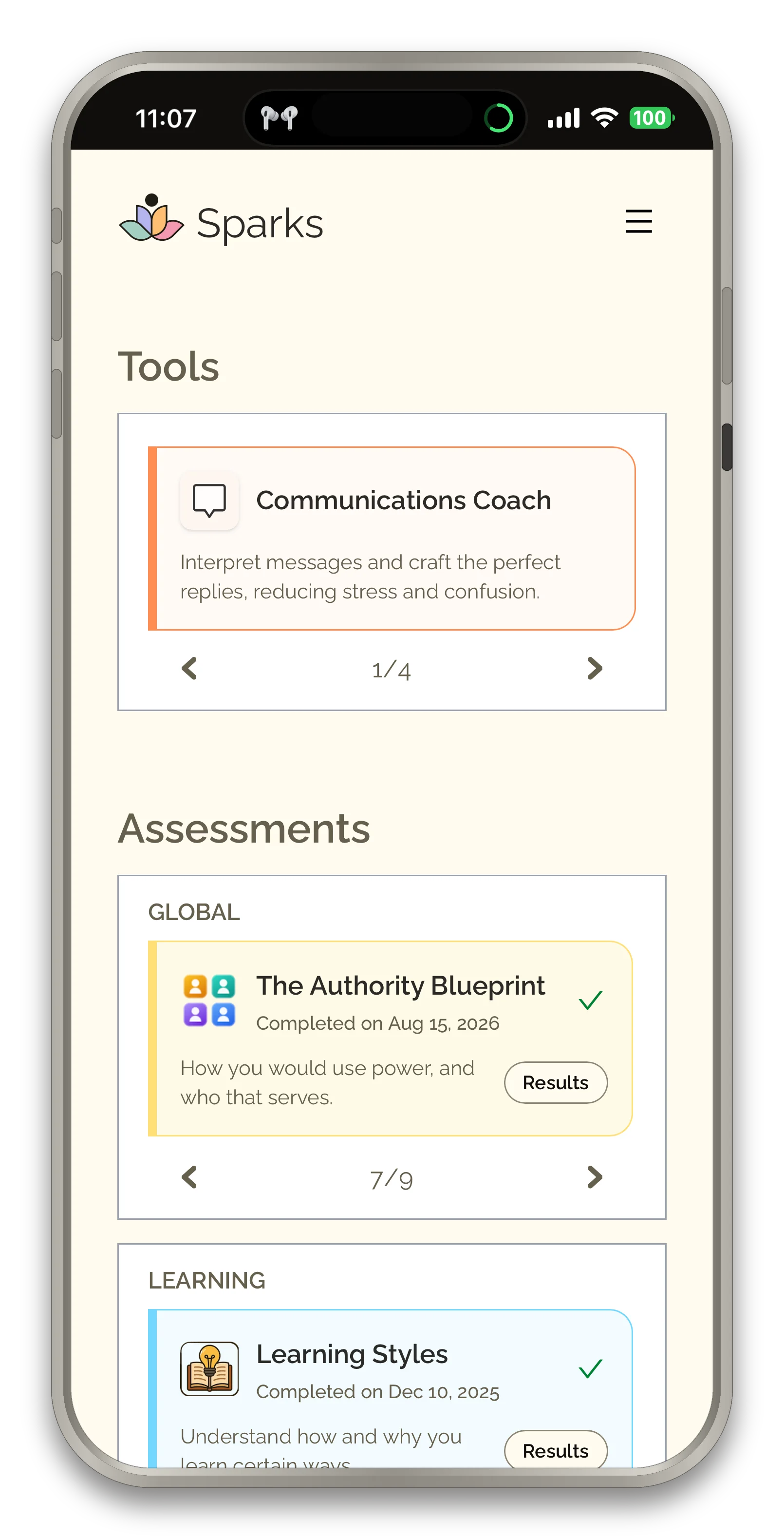 Sparks app home screen with the Communication Coach and the Authority Blueprint assessment